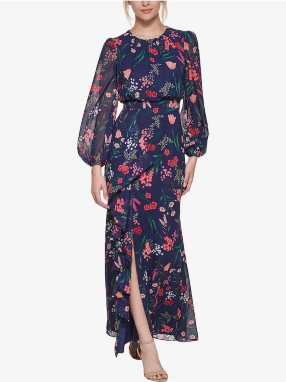 Eliza J | Navy Floral Ruffle Maxi Dress with Balloon Sleeves